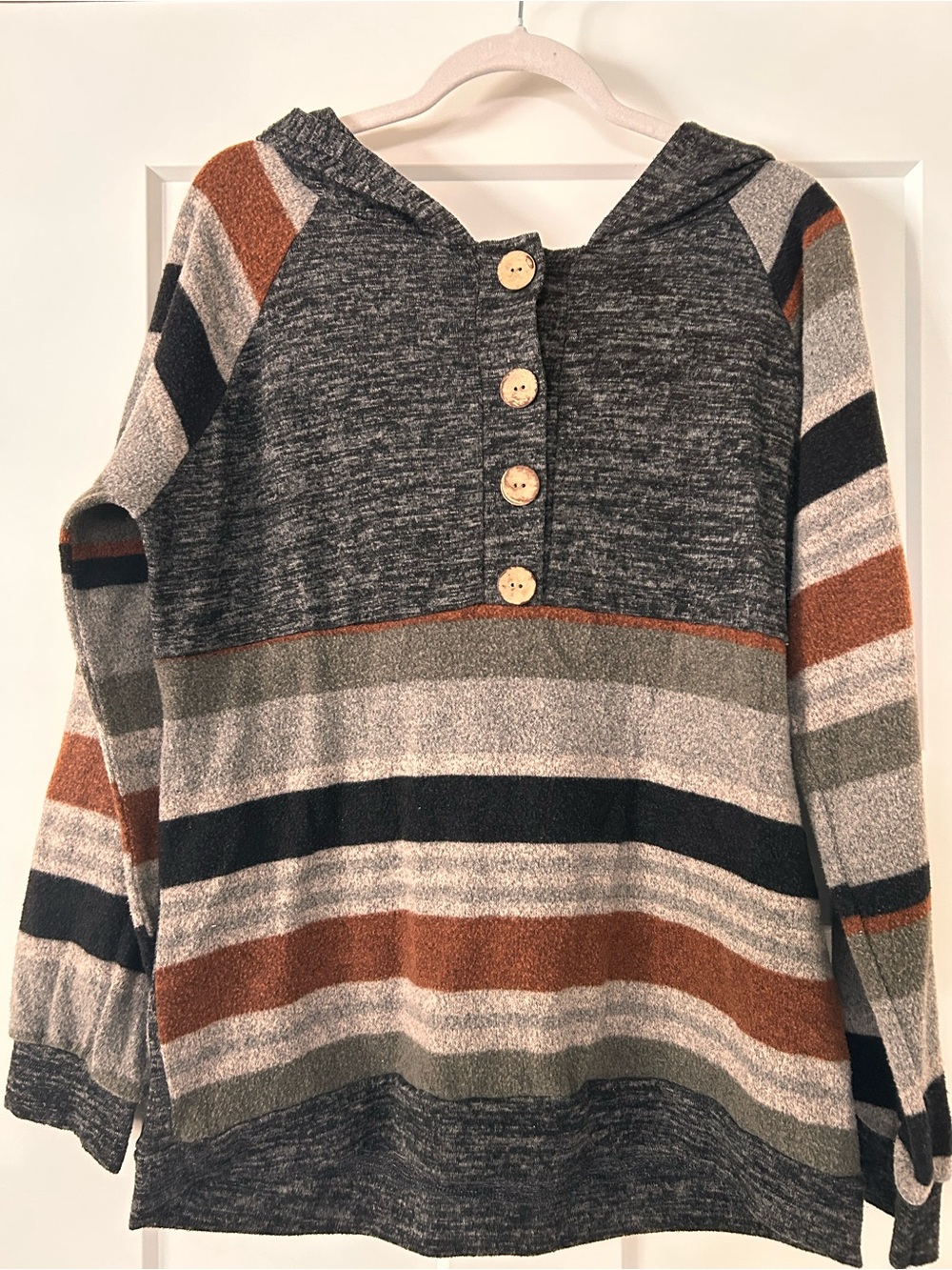 BiBi Hooded Striped Button Pullover - Gray and Rust